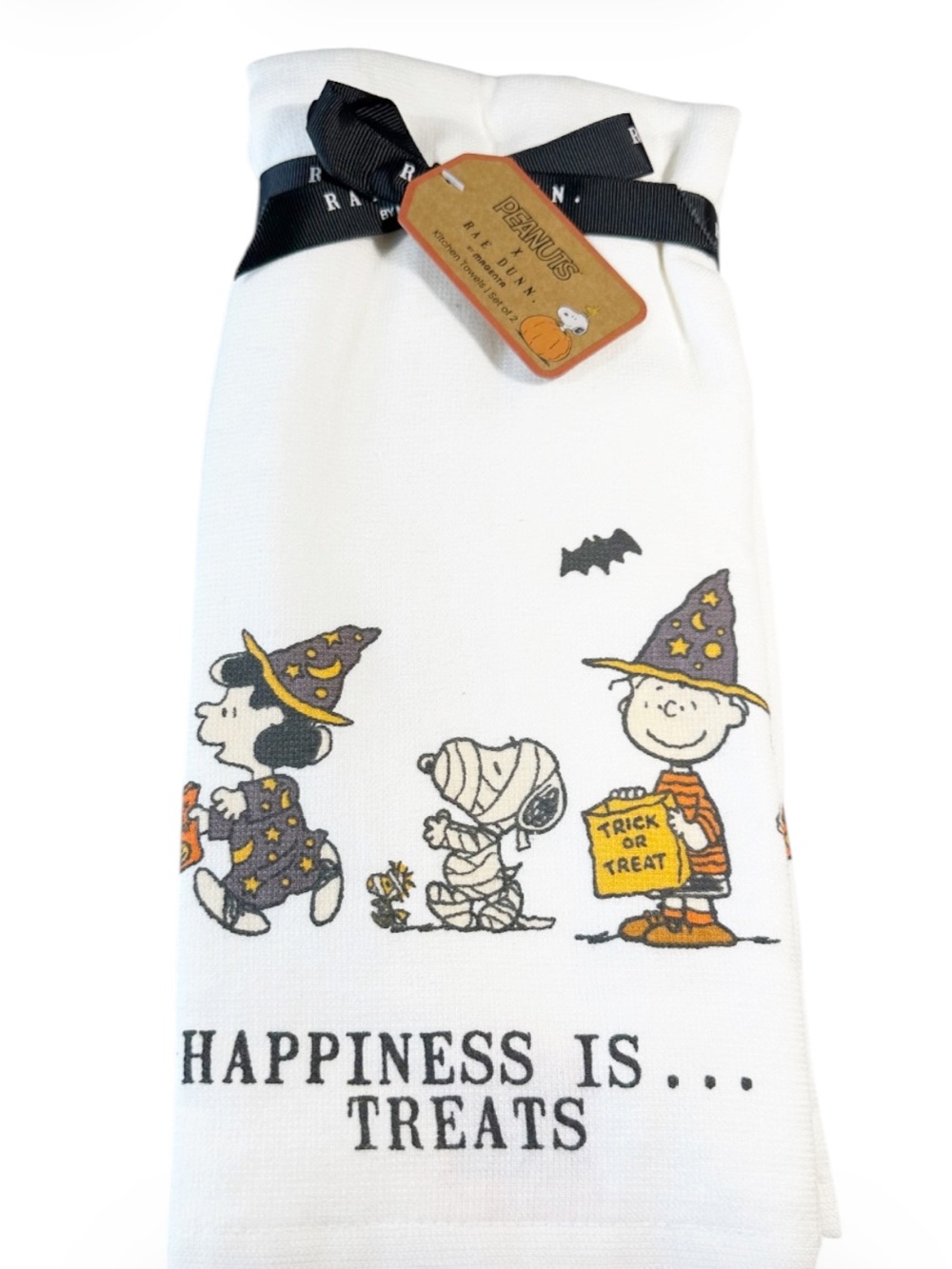 NEW Rae Dunn/Peanuts Halloween HAPPINESS IS …TREATS Kitchen Towel Set/2